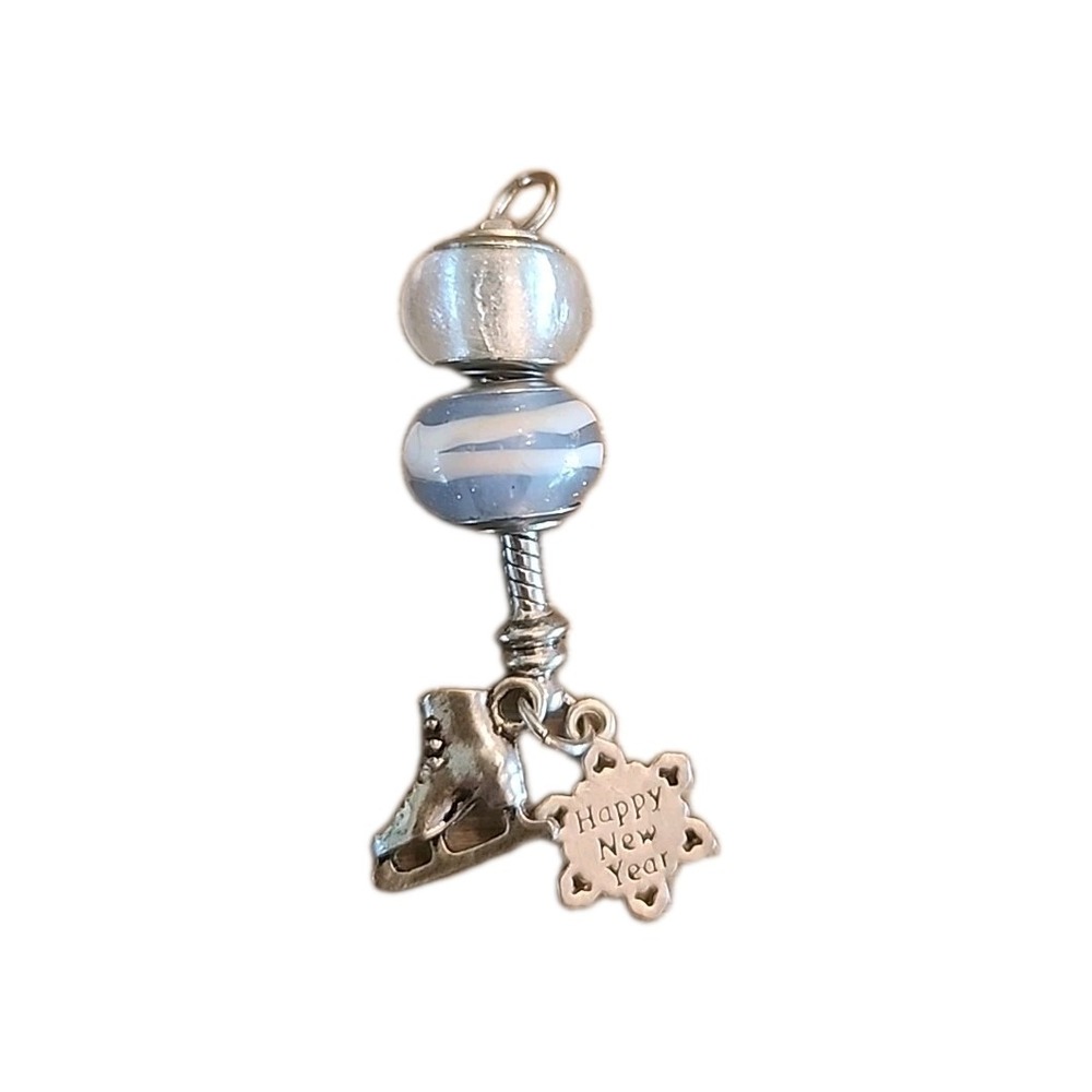 Silver Ice Skate and Happy New Year Snowflake‎ CHARM PENDANT Glass Beads 2.25 in